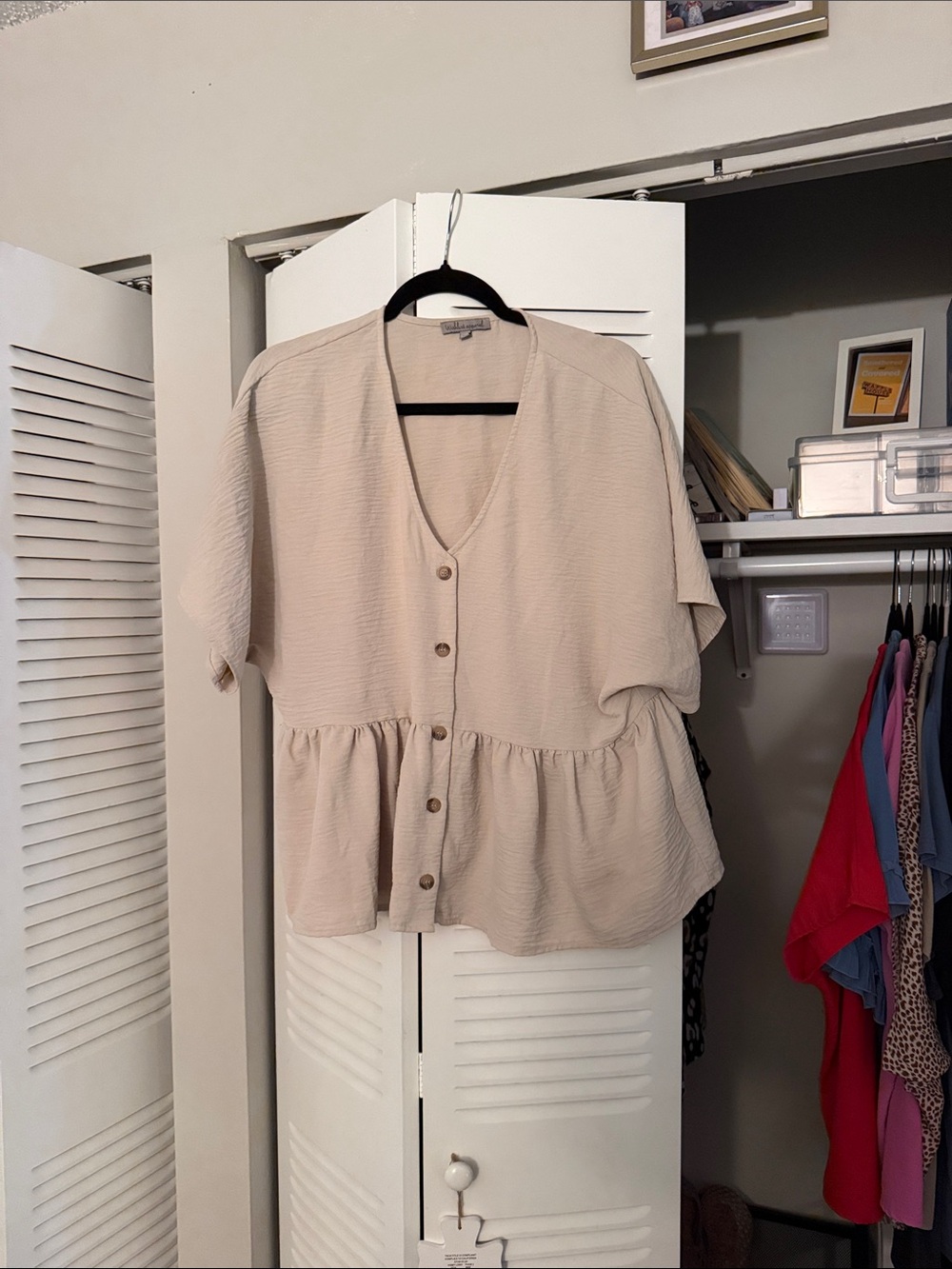 Light Beige Button-Front Peplum Top